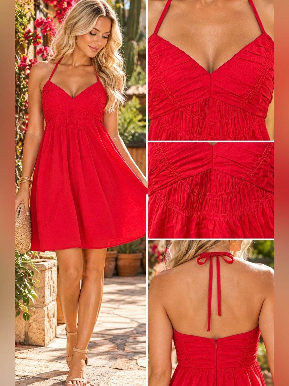 ❤️ Ann Taylor Petites Red Ruched Halter Cotton Sundress 6P NWT